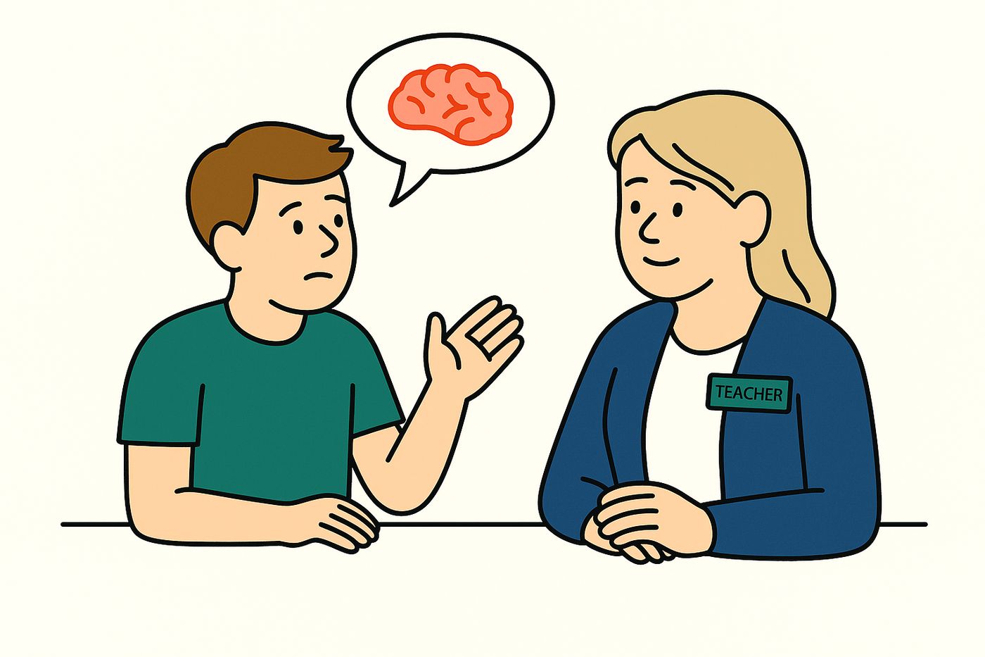 A young boy talking to a smiling teacher, with a speech bubble containing a brain, suggesting he is talking about his mental health.