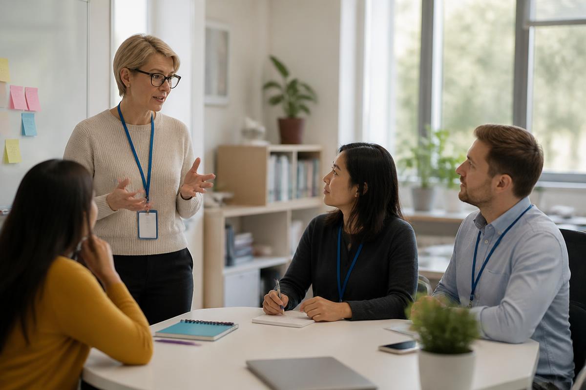 A school leader standing with colleagues around a table, discussing a wellbeing plan together in a bright office.